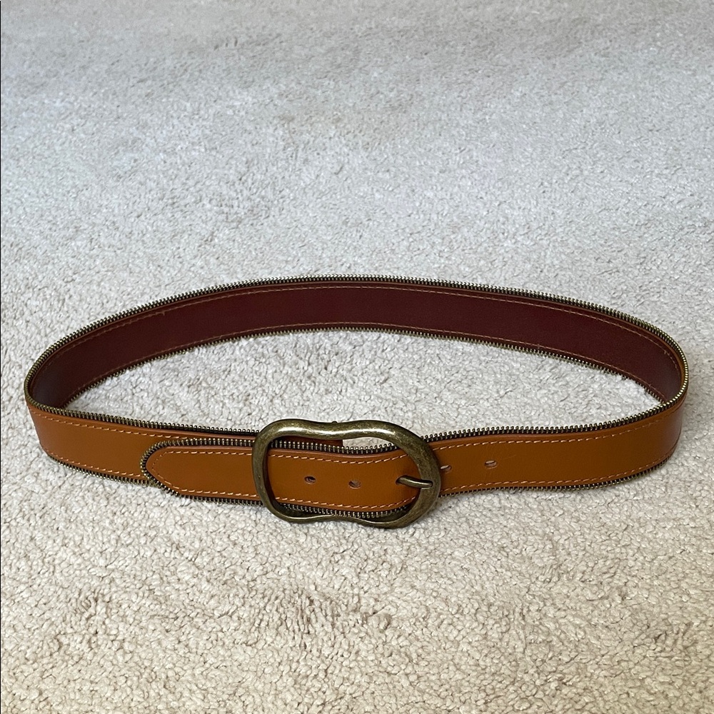 Brown Leather Belt with Gold Buckle; 1.5 inches wide; fits 33 to 37